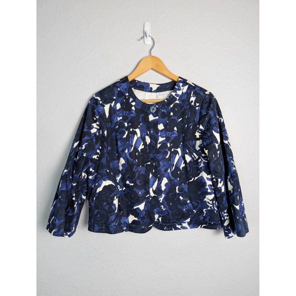 Neiman Marcus Blazer Womens 10 Blue Floral Cotton‎ Spandex Lined One-Button